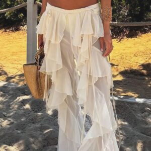 Lace Up Spliced Ruffle Flare Pants