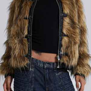 Metal Button Zipper Fur Leather Panel Loose Coat