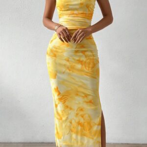 Slim Mesh Print Slit Maxi Dress