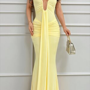Halter Deep V Backless Ruched Hot Girl Maxi Dress