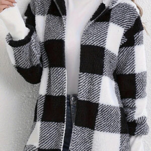 Plaid Fuzzy Hooded Mid-Length Coat