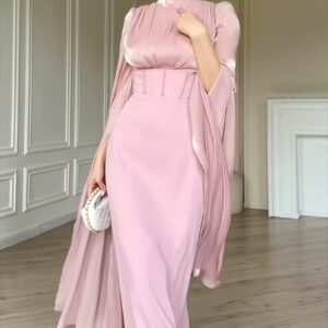 Glossy Flowy Sleeve Slim Maxi Dress
