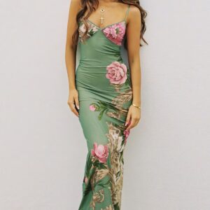 Sexy Print V-Neck Spaghetti Strap Backless Maxi Dress