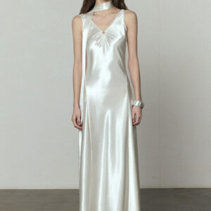 Simple Solid Satin V Neck Loose Maxi Dress