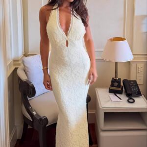 Lace Halter Tie Back Bodycon Maxi Dress